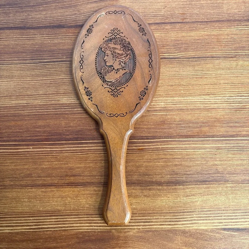 Vintage Victorian Hand Held Vanity Mirror Wood Brown 1970/1980